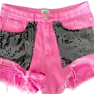 Pink Bedazzled Denim Jean Shorts Embellished Sequins Raw Edges Frayed Hem Blue B